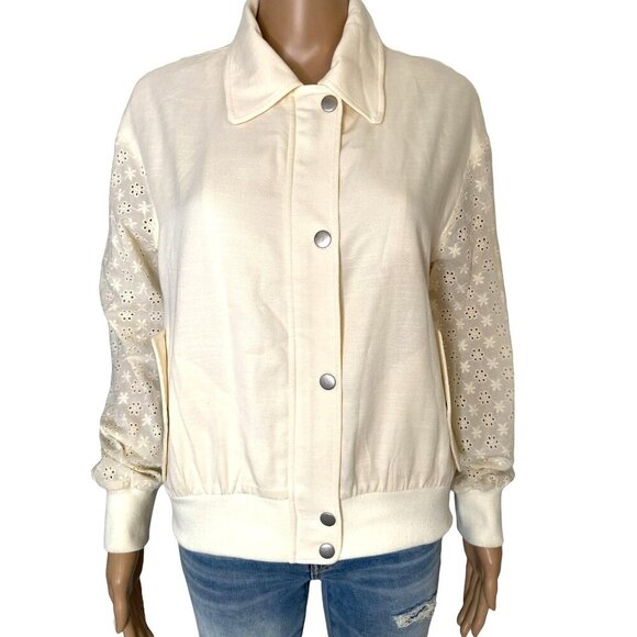 7 For All Mankind NWT Eyelet Sleeves Zipper Flap Slanted Bomber Jacket Cream Siz - Picture 1 of 7